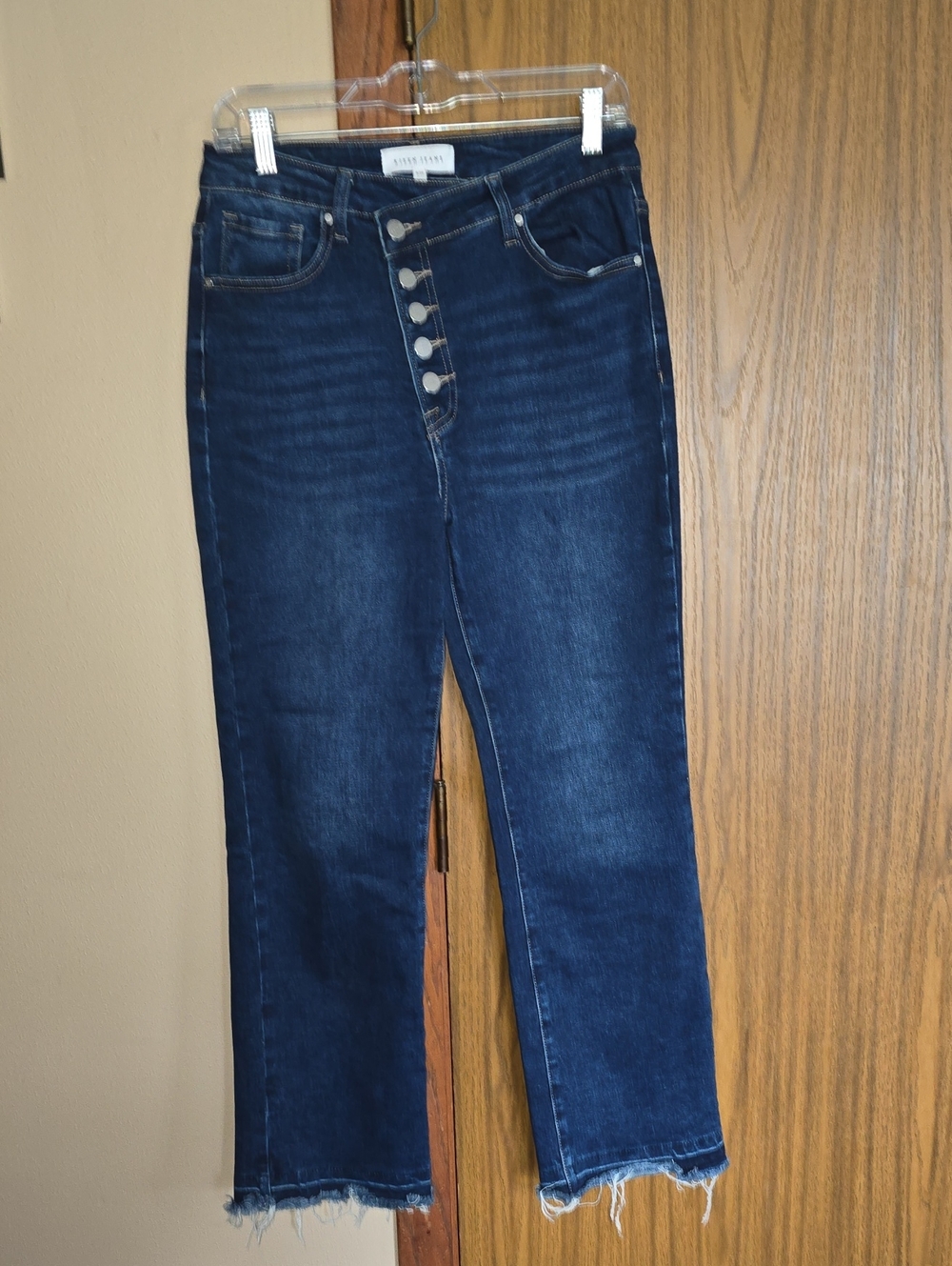 High-Rise Button-Fly Cropped Jeans in Dark Blue by Risen